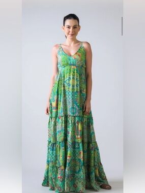 Boho Print Green Tiered Maxi Dress, Spring, Summer